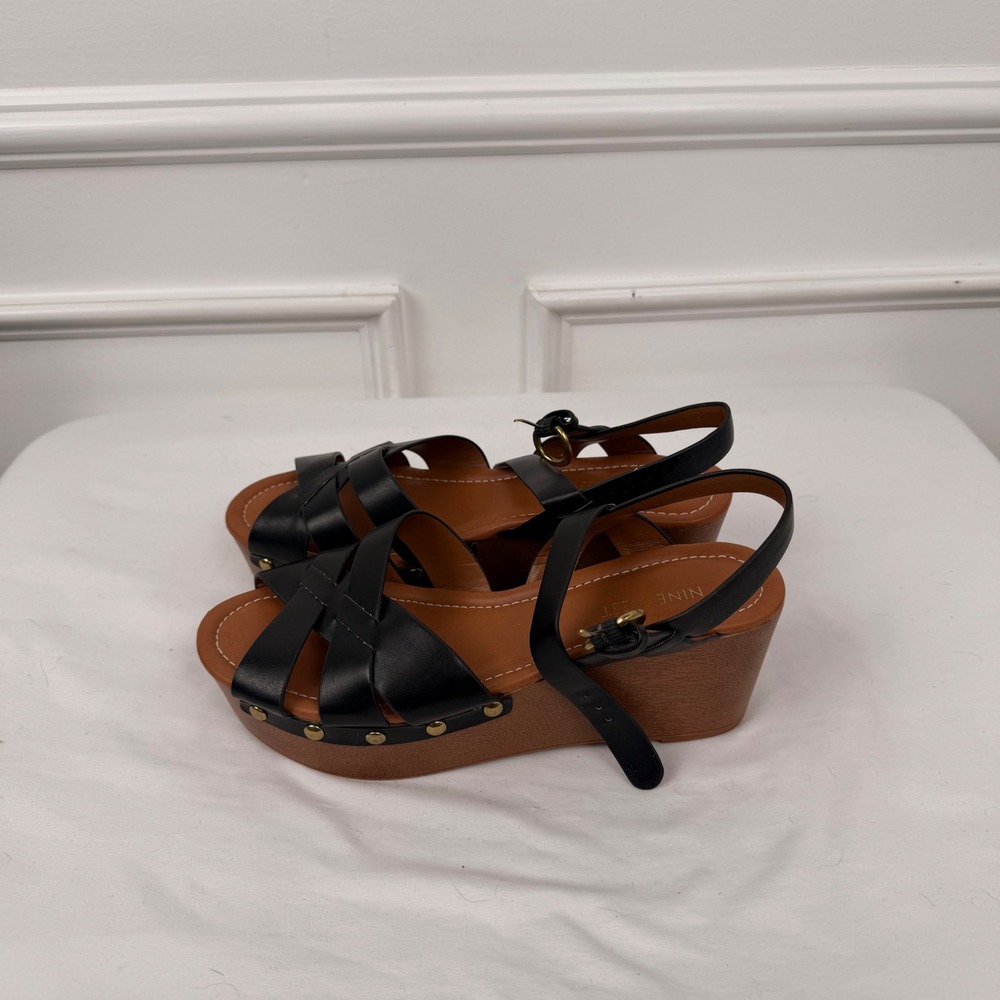Nine West Hannah Black Platform Wedge Sandals Strappy Studded Womens 7.5M - Picture 4 of 7